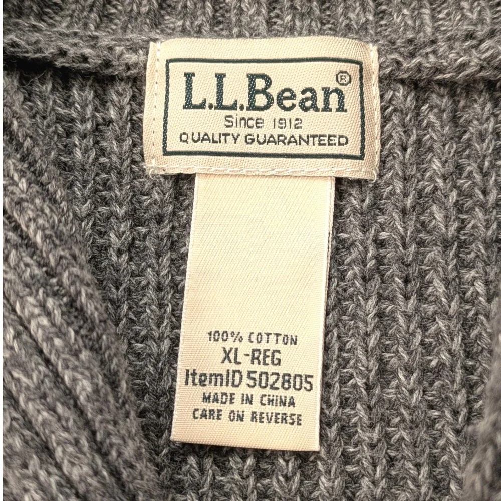 LL Bean Mens XL Shawl Collar Sweater Gray Cotton Elbow Patch Cabincore Heritage